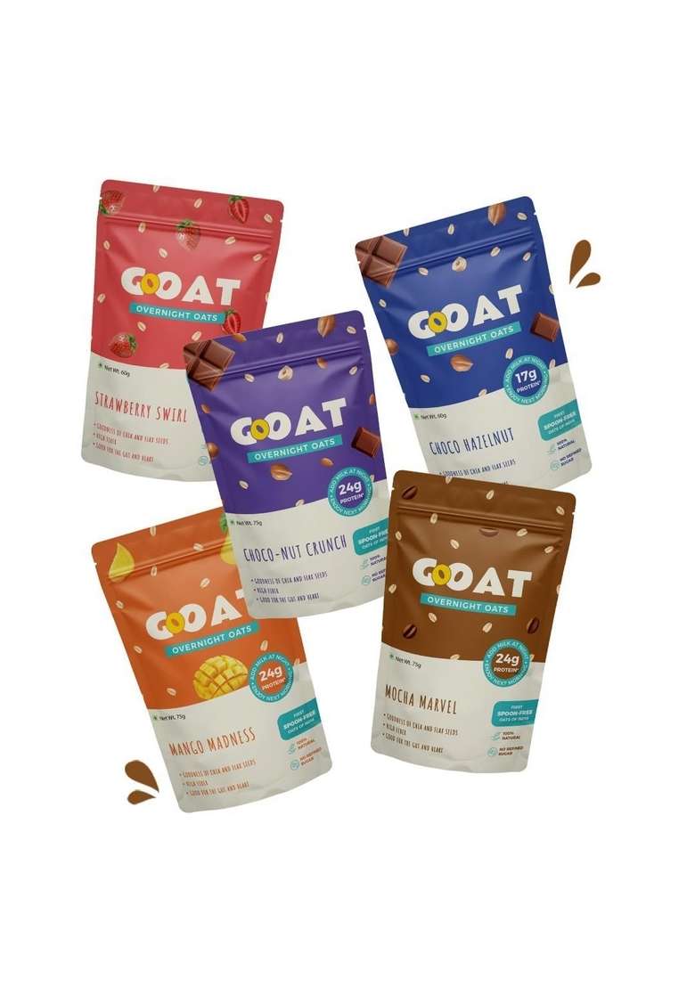 Goat Life Overnight Oats 1.035Kg With Sipper Bottle | High Protein (24G, 17G) | Pack Of 15 | No Refined Sugar | Gluten-Free | Natural Breakfast Cereal | Ideal For Weight Management | Spoonfree Oatmeal - Indya