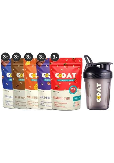 Goat Life Overnight Oats 1.035Kg With Sipper Bottle | High Protein (24G, 17G) | Pack Of 15 | No Refined Sugar | Gluten-Free | Natural Breakfast Cereal | Ideal For Weight Management | Spoonfree Oatmeal