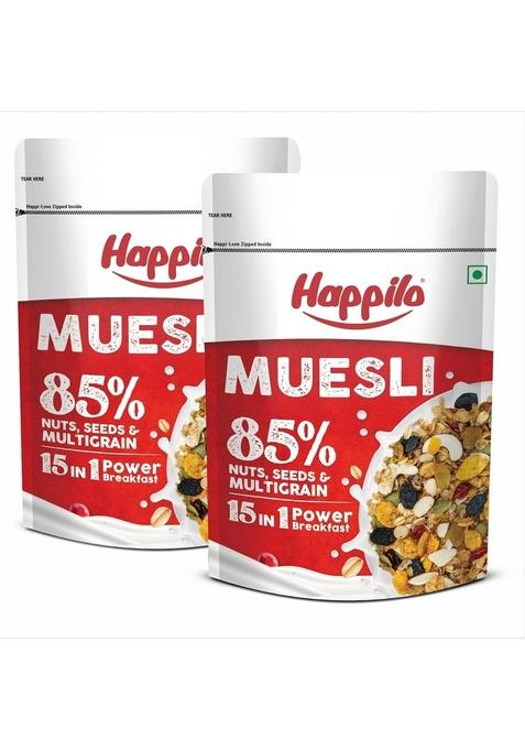 Happilo Premium Dry Fruit Muesli 500G (Pack Of 2), 85% Nuts, Seeds And Multigrain, 15 In 1 Power Breakfast, High In Fiber, Omega 3, Protein