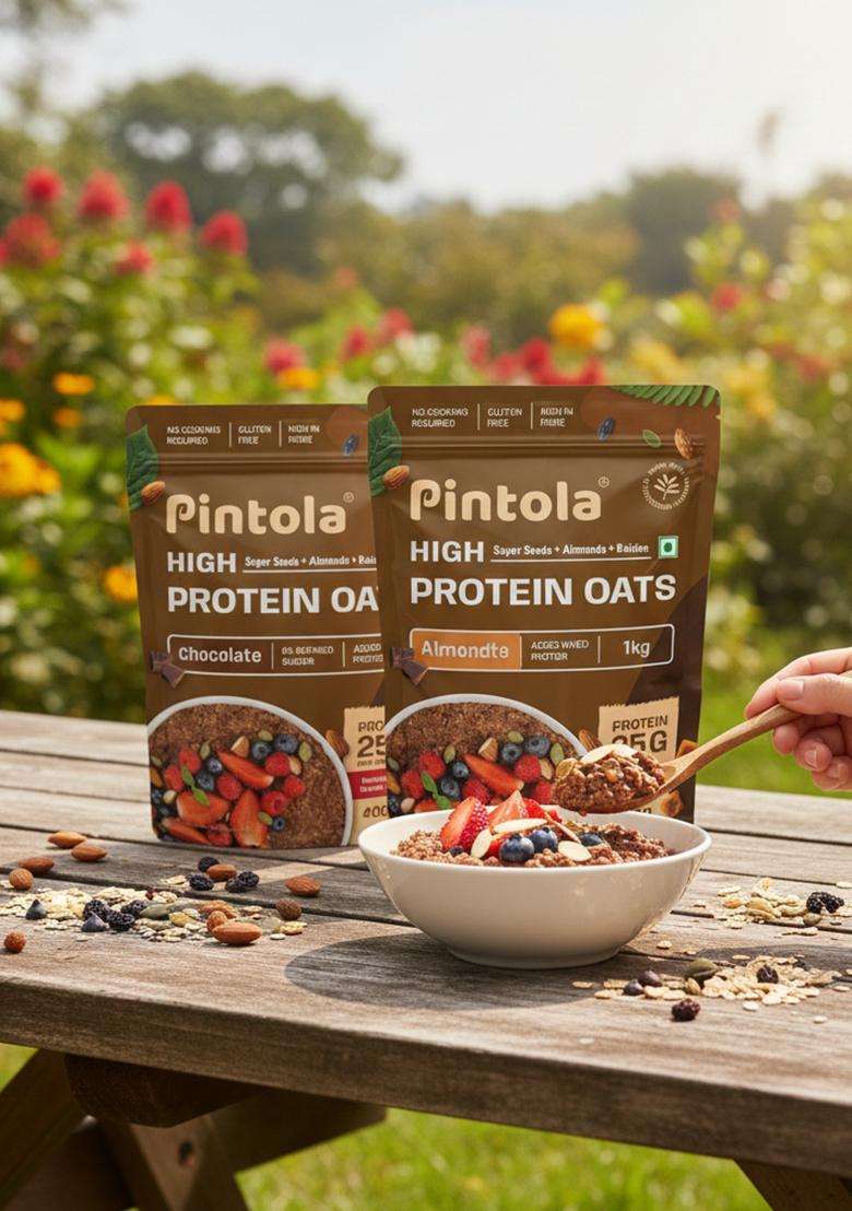 Pintola 25G High Protein Oats 400G, Dark Chocolate,No Refined Sugar, With Almonds Raisin, Pumpkin And Chia Seeds, 8G Fibre, Rolled Oats, Breakfast Cereals | Gluten Free (Pack Of 2) - Indya