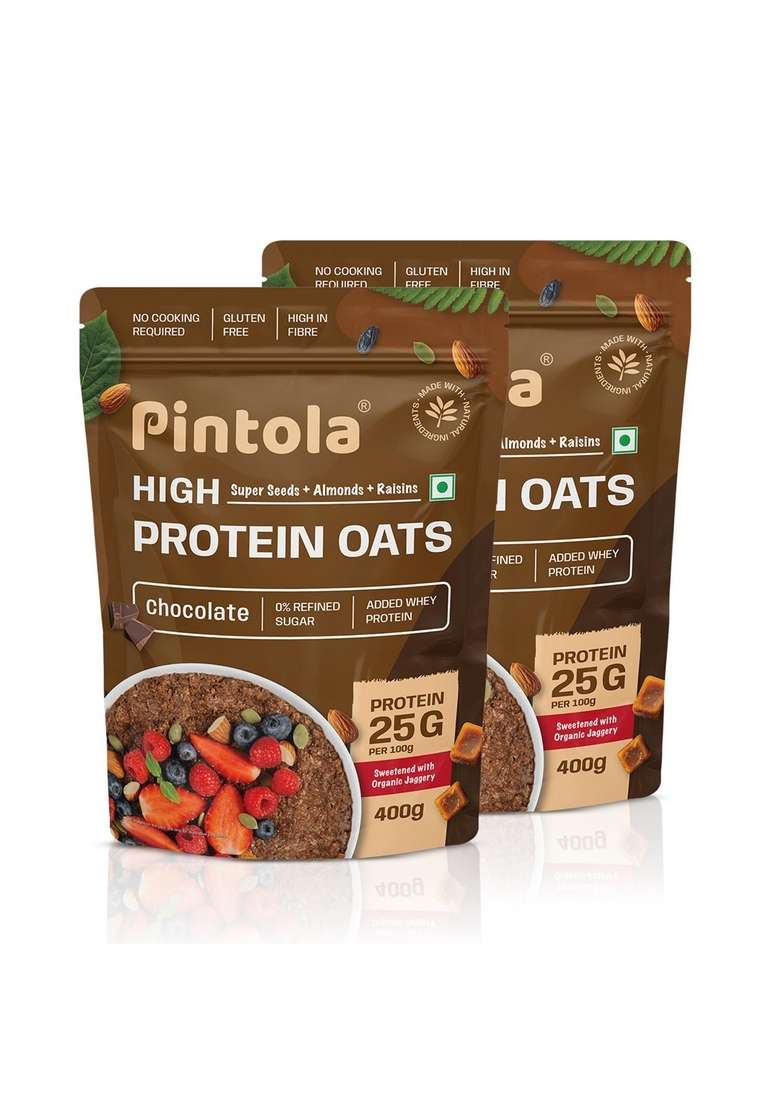 Pintola 25G High Protein Oats 400G, Dark Chocolate,No Refined Sugar, With Almonds Raisin, Pumpkin And Chia Seeds, 8G Fibre, Rolled Oats, Breakfast Cereals | Gluten Free (Pack Of 2) - Indya
