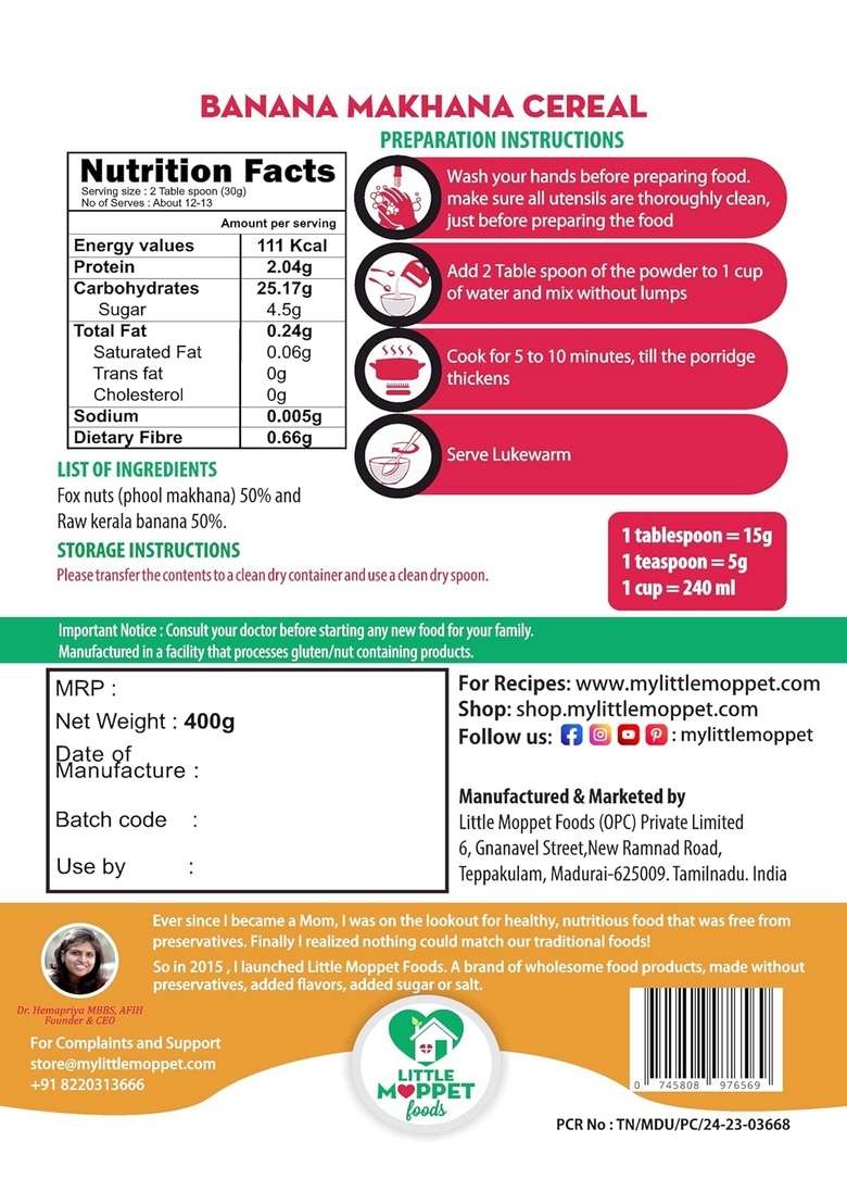 Little Moppet Foods Banana Makhana Cereal - 400G - Indya