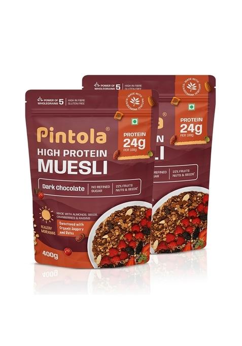 Pintola High Protein Muesli Dark Chocolate & Cranberry 400G, 22G Protein, High Fibre, Trans Fat Free With Brown Sugar, Real Fruits, Muesli For Breakfast Food, Muselies Fruit Nuts And Seeds (400G)