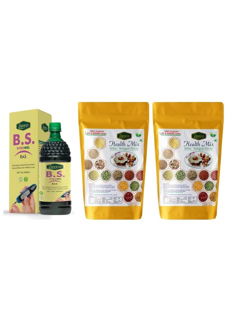 Laven | B S Dybowel Ras, (1000 Ml) | & | Laven | Health Mix Pack Of 2 500Gr (1 Kg) | Help Balance Blood Glucose Level Natural Mantra For Healthy Living| Millets