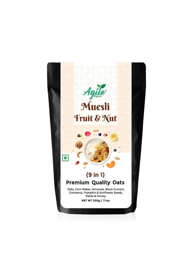 Agile Organic Fruit And Nut Muesli 200G | Muesli With 93% Whole Grains + Dried Fruits+ Nuts And Seeds | Wholegrains, No Added Preservatives