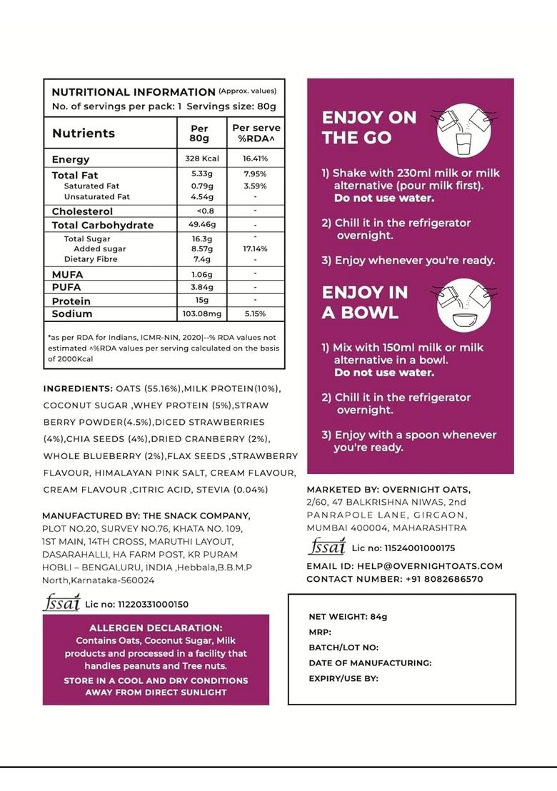 Overnight Oats 15Gm High Protein, Refined Sugar-Free, Real Diced Berries, Chia Seeds, Whey Protein & More (Mixed Berries Creme, 85Gm Each)| Breakfast Cereals For Weight Management| Pack Of 10