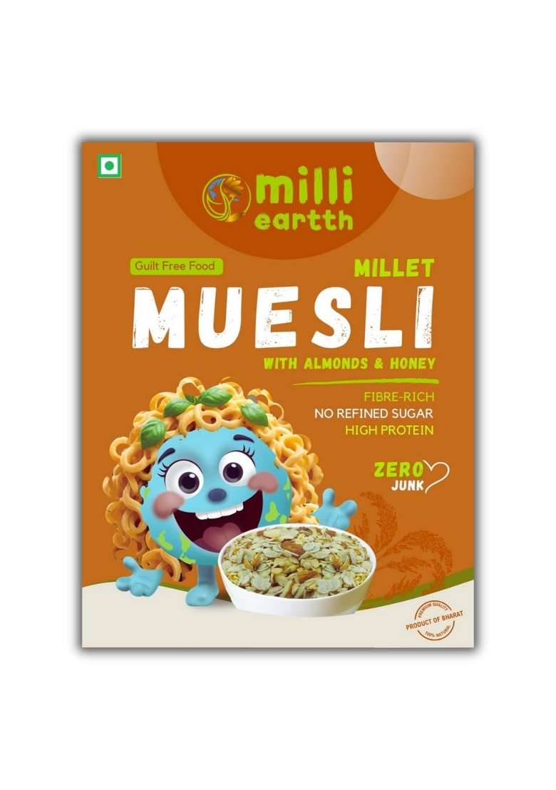 Milliearth Millet Muesli With Almond & Honey | Preservative-Free & Gluten-Free | High Protein, Fiber-Rich Breakfast | No Refined Sugar | No Palm Oil | Enriched With Ragi, Quinoa, Barnyard & Almonds | 350G (Pack Of 1) - Indya