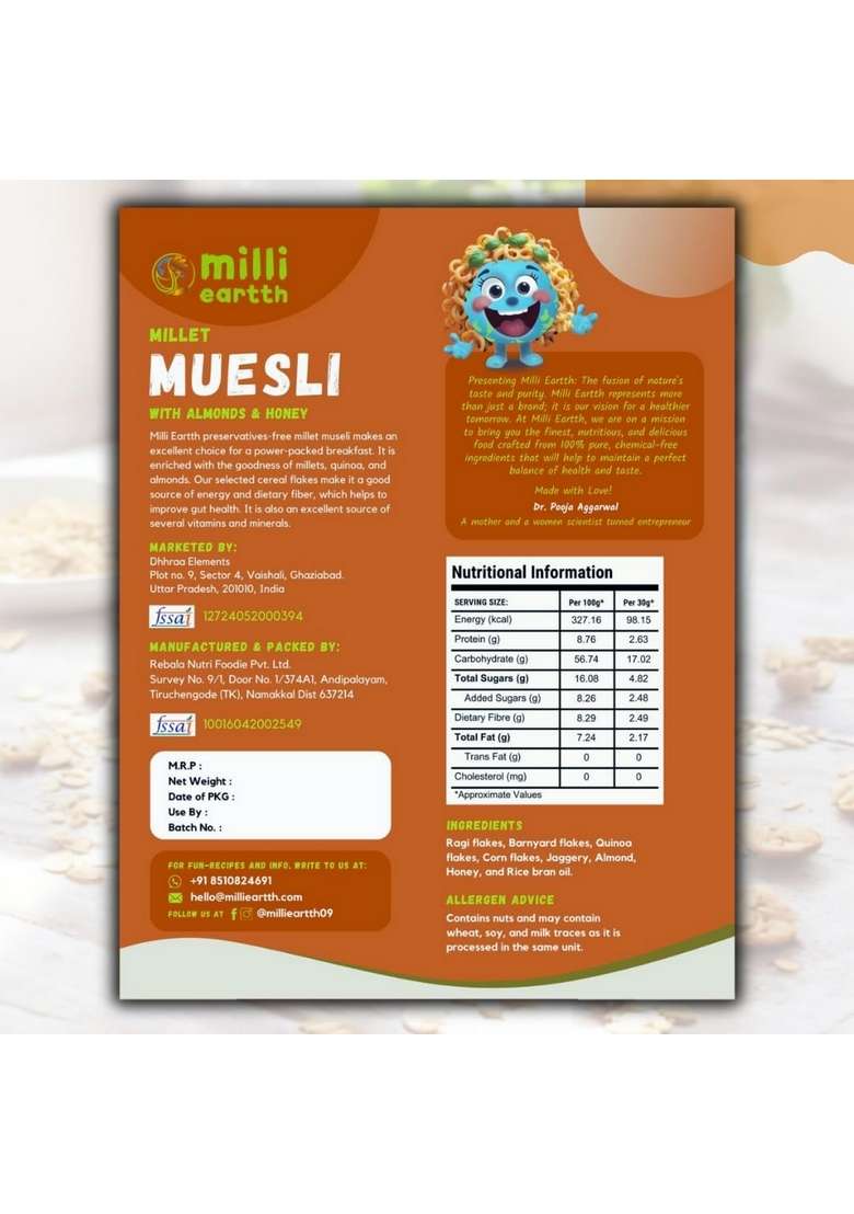 Milliearth Millet Muesli With Almond & Honey | Preservative-Free & Gluten-Free | High Protein, Fiber-Rich Breakfast | No Refined Sugar | No Palm Oil | Enriched With Ragi, Quinoa, Barnyard & Almonds | 350G (Pack Of 1) - Indya