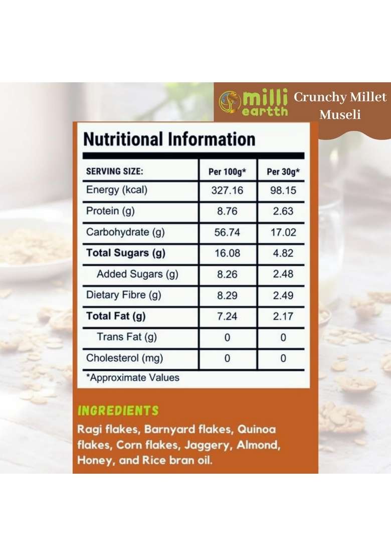 Milliearth Millet Muesli With Almond & Honey | Preservative-Free & Gluten-Free | High Protein, Fiber-Rich Breakfast | No Refined Sugar | No Palm Oil | Enriched With Ragi, Quinoa, Barnyard & Almonds | 350G (Pack Of 1) - Indya