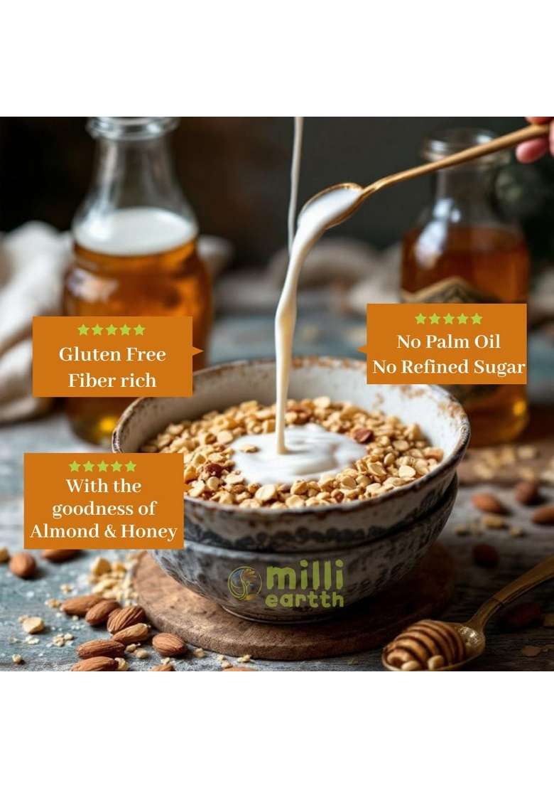 Milliearth Millet Muesli With Almond & Honey | Preservative-Free & Gluten-Free | High Protein, Fiber-Rich Breakfast | No Refined Sugar | No Palm Oil | Enriched With Ragi, Quinoa, Barnyard & Almonds | 350G (Pack Of 1) - Indya