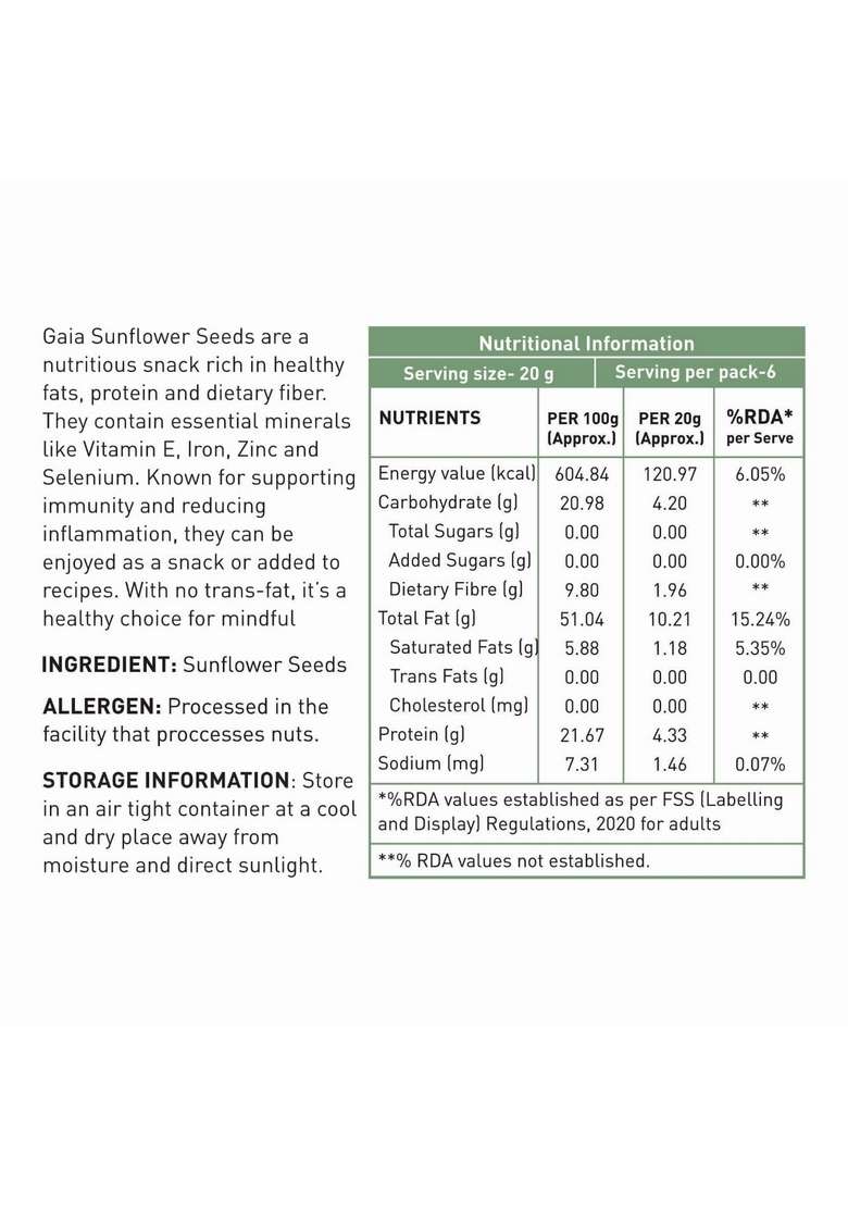 Gaia Sunflower Seeds, Raw And Natural, 120G, Rich In Vitamin E And Minerals, High Protein And Fiber, Healthy Snacking - Indya