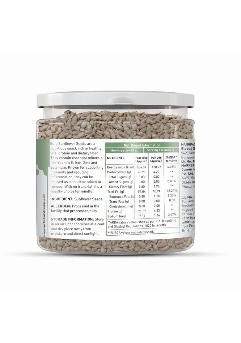 Gaia Sunflower Seeds, Raw And Natural, 120G, Rich In Vitamin E And Minerals, High Protein And Fiber, Healthy Snacking - Indya