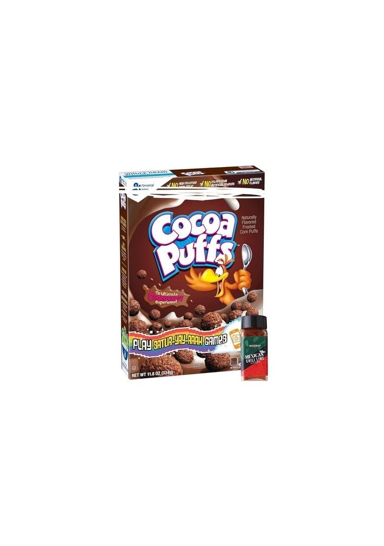 Fruitjoy Cocoa Puffs Chocolate Cereal, Naturally Flavoured Frosted Corn Puffs, 334G (Usa) + Free Spicesnap Chilli Lime Seasoning