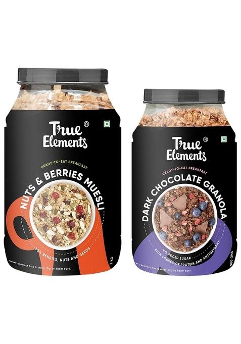 True Elements Crunchy Dark Chocolate Granola 900G & True Elements Nuts & Berries Muesli 1Kg