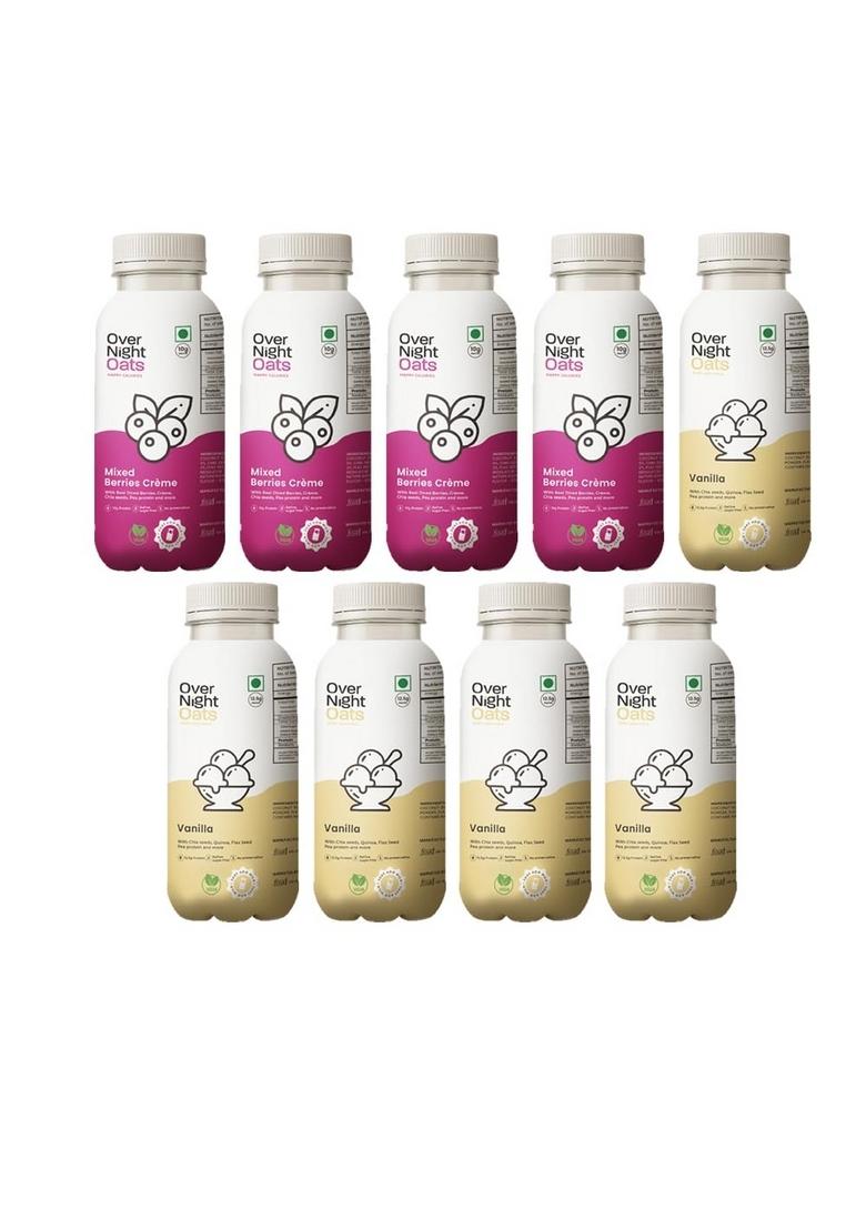 Overnight Oats With Vegan Protein | High Protein Oats Breakfast With Dietary Fibre | Just Add Milk | Ready In Minutes | No Preservatives | 4 Mixed Berries + 5 Vanilla (Pack Of 9, 50G Each)