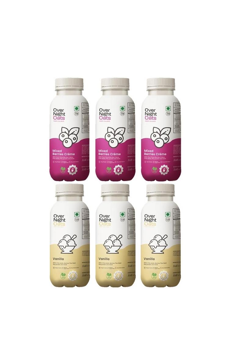 Overnight Oats With Vegan Protein | High Protein Oats Breakfast With Dietary Fibre | Just Add Milk | Ready In Minutes | No Preservatives | 3 Mixed Berries + 3 Vanilla (Pack Of 6, 50G Each)
