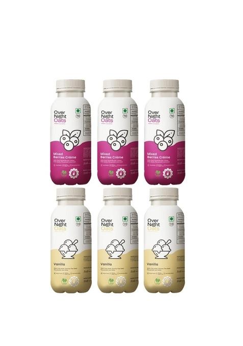 Overnight Oats With Vegan Protein | High Protein Oats Breakfast With Dietary Fibre | Just Add Milk | Ready In Minutes | No Preservatives | 3 Mixed Berries + 3 Vanilla (Pack Of 6, 50G Each)