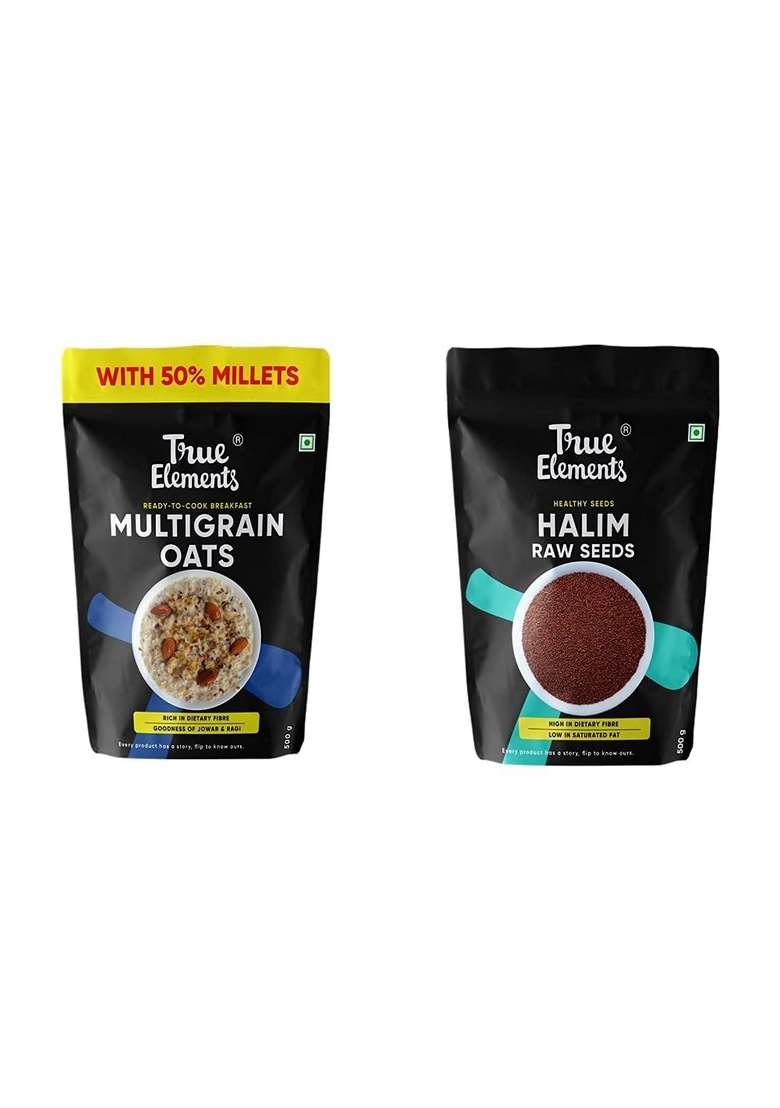True Elements Multigrain Oats 500G Goodness Of Rolled 50 Millets Jowar Quinoa Ragi Flakes Halim Seeds 250G - Indya