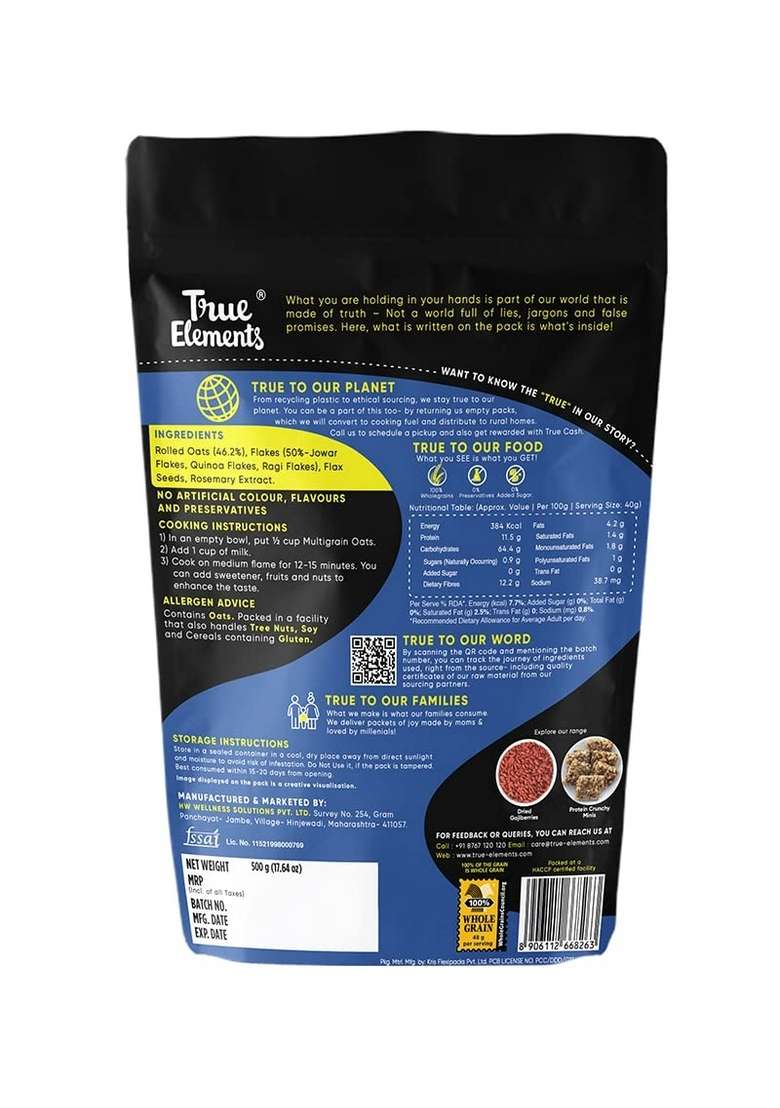 True Elements Multigrain Oats 500G Goodness Of Rolled 50 Millets Jowar Quinoa Ragi Flakes Halim Seeds 250G - Indya