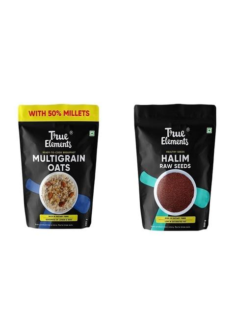 True Elements Multigrain Oats 500G - Goodness Of Rolled Oats & 50% Millets (Jowar, Quinoa & Ragi Flakes) & True Elements Halim Seeds 250G