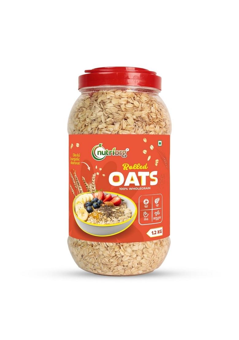 Nutriorg Rolled Oats 1.2 Kg | Gluten Free | High Protein | Weight Loss | Fibre Rich | Easy To Cook | Overnight Oats | Nutritional Breakfast Cereal Oats | Air Tight Plastic Jar