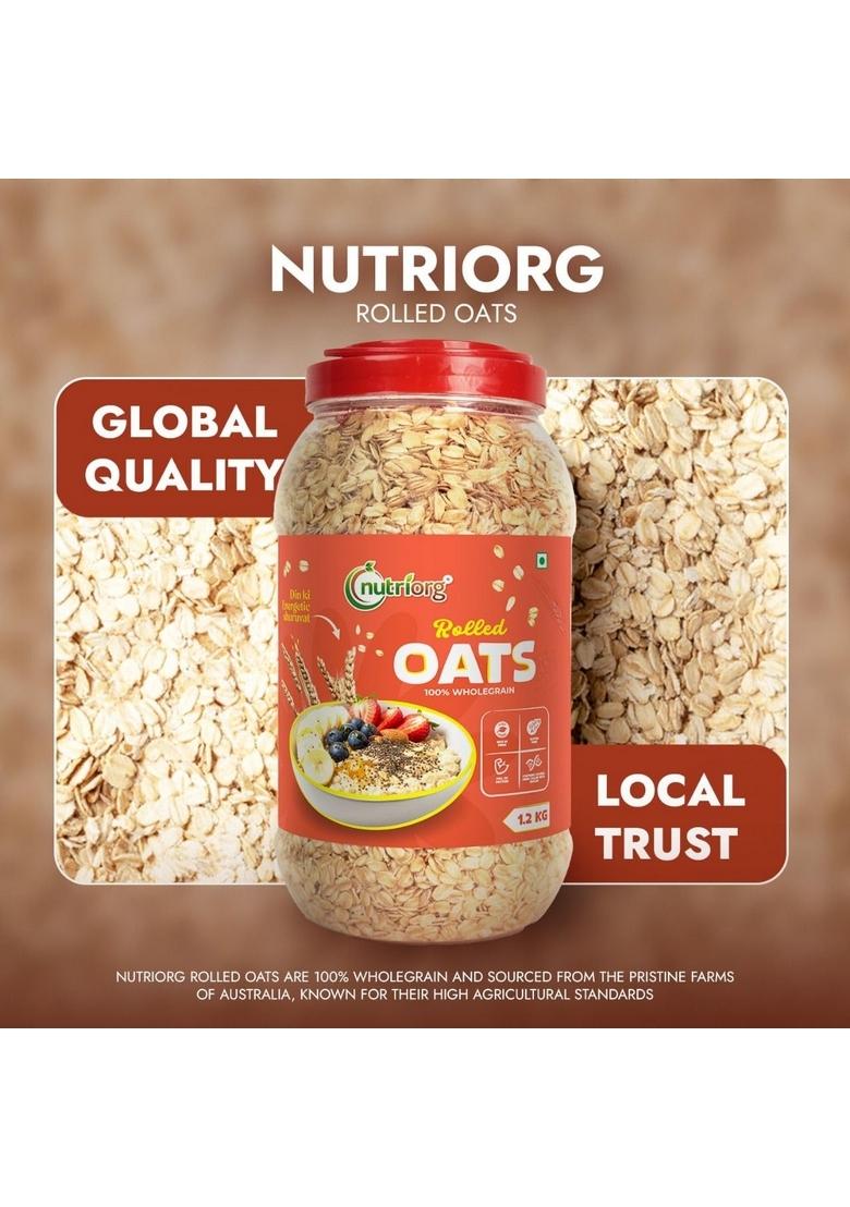 Nutriorg Rolled Oats 1.2 Kg | Gluten Free | High Protein | Weight Loss | Fibre Rich | Easy To Cook | Overnight Oats | Nutritional Breakfast Cereal Oats | Air Tight Plastic Jar
