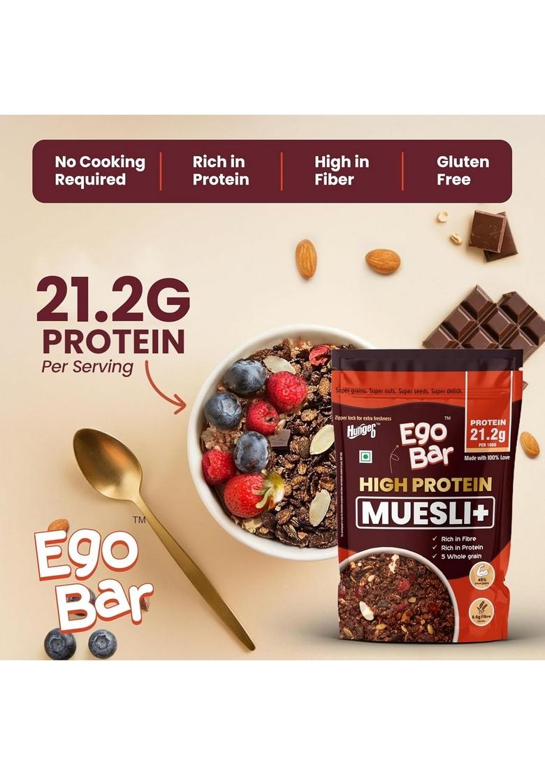 High Protein Muesli Plus, Healthy Breakfast Cereal Mix With 5 Whole Grains, Super Grains, Nuts And Seeds, 21.2G Protein, 8.8G Fibre Per 100G