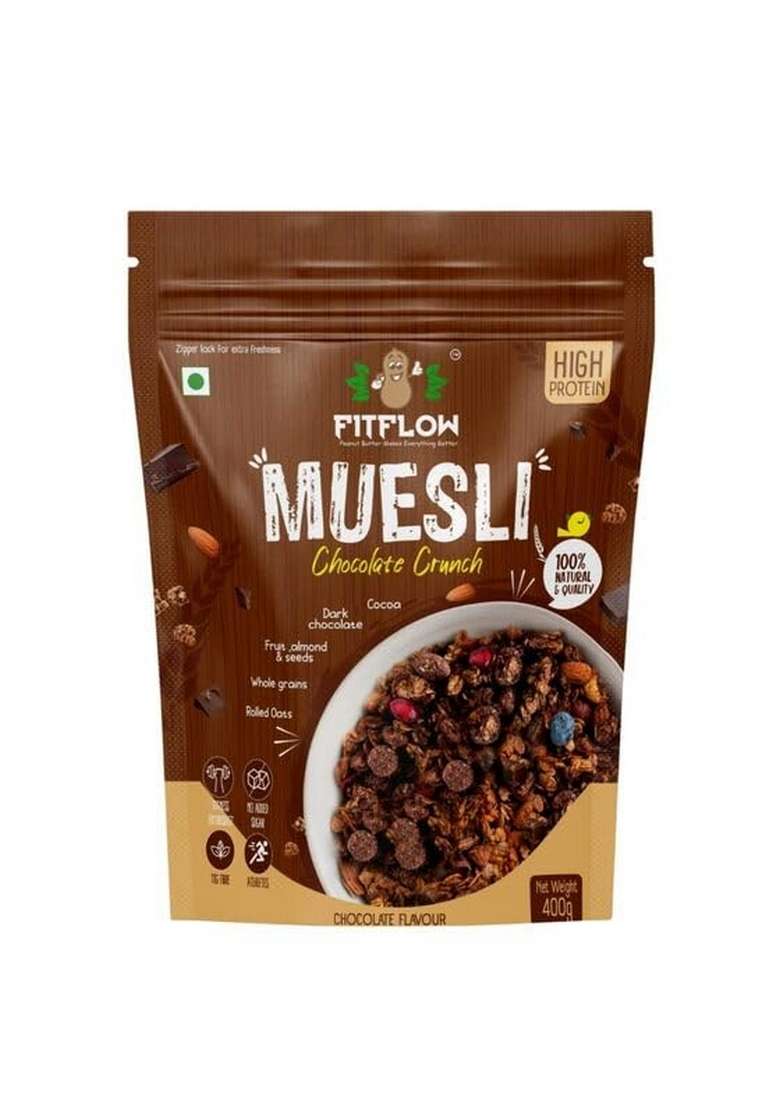 Fitflow Chocolate Crunch Muesli 400G Rich Protein No Added Sugar Dark Chocolate Fruit, Almonds & Seeds Nutritious Breakfast - Indya