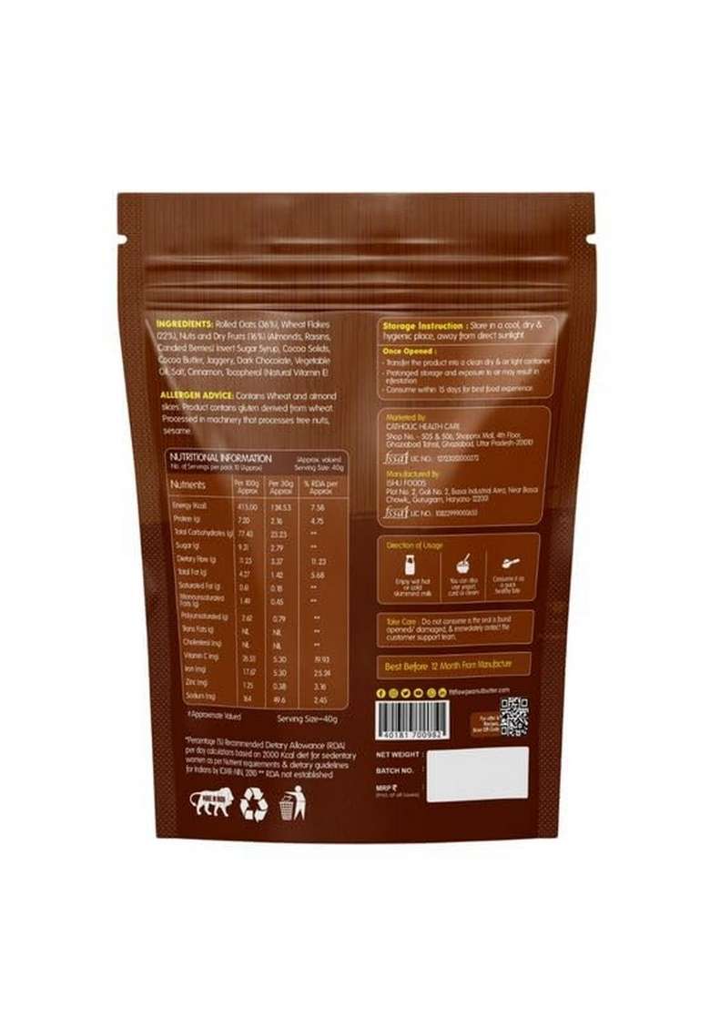 Fitflow Chocolate Crunch Muesli 400G Rich Protein No Added Sugar Dark Chocolate Fruit, Almonds & Seeds Nutritious Breakfast - Indya