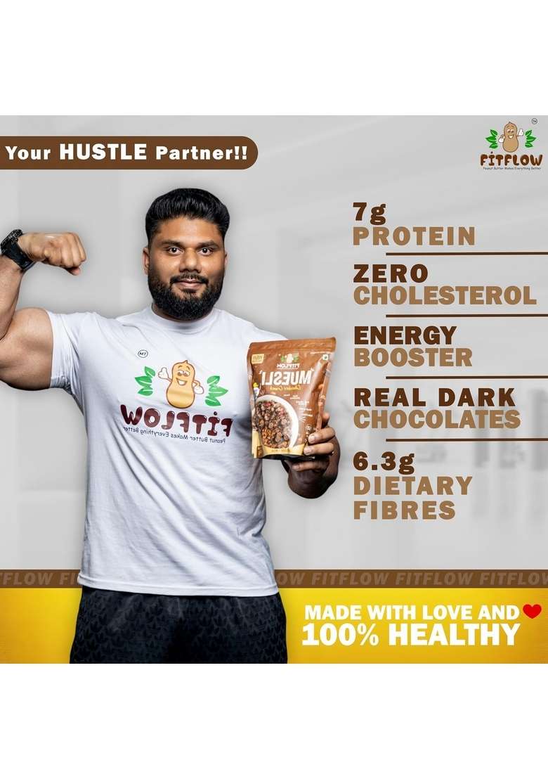Fitflow Chocolate Crunch Muesli 400G Rich Protein No Added Sugar Dark Chocolate Fruit, Almonds & Seeds Nutritious Breakfast - Indya