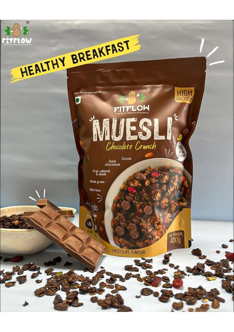 Fitflow Chocolate Crunch Muesli 400G Rich Protein No Added Sugar Dark Chocolate Fruit, Almonds & Seeds Nutritious Breakfast - Indya