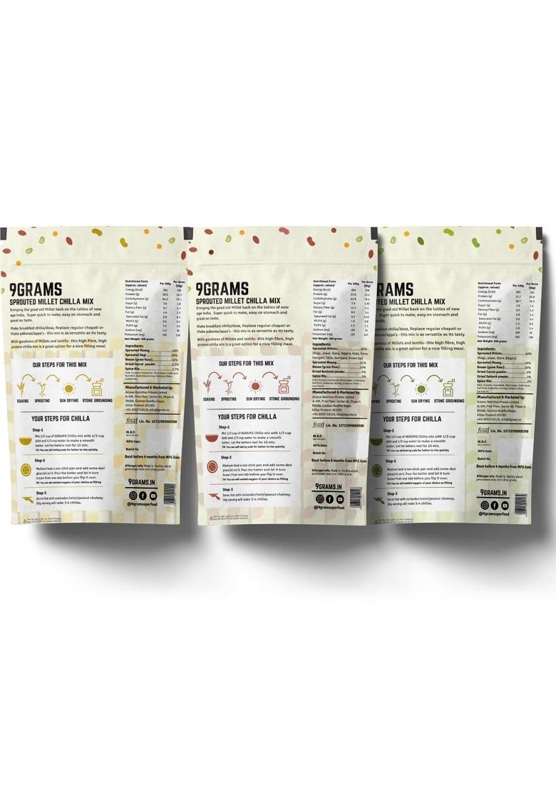 9Grams Sprouted Multi Millet And Moong Instant Chilla Dosa Mix Combo, Protein And Fibre Rich, Healthy Breakfast Or Snack For Kids & Whole Family, With Carrot, Beetroot, Spinach, 3X200G