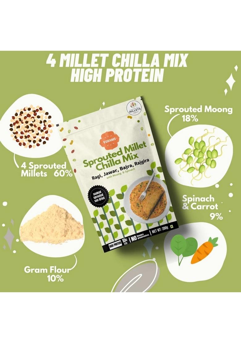 9Grams Sprouted Multi Millet And Moong Instant Chilla Dosa Mix Combo, Protein And Fibre Rich, Healthy Breakfast Or Snack For Kids & Whole Family, With Carrot, Beetroot, Spinach, 3X200G