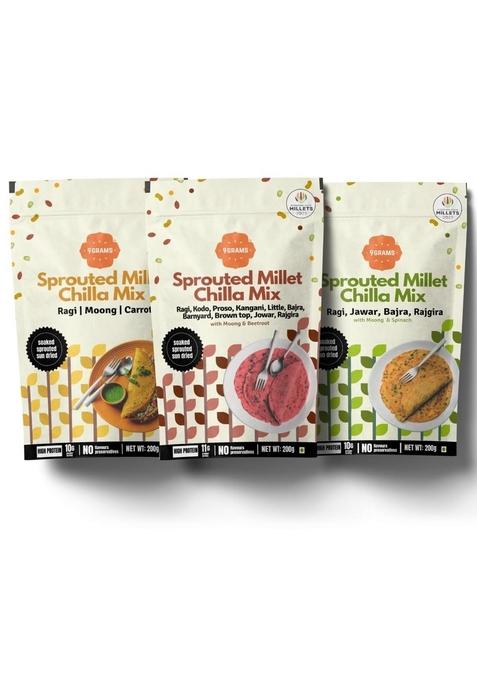 9Grams Sprouted Multi Millet And Moong Instant Chilla Dosa Mix Combo, Protein And Fibre Rich, Healthy Breakfast Or Snack For Kids & Whole Family, With Carrot, Beetroot, Spinach, 3X200G