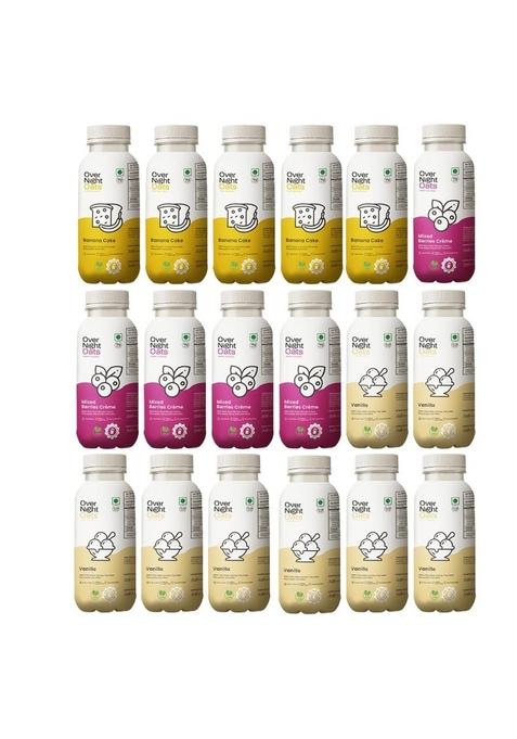 Overnight Oats With Vegan Protein | High Protein Oats Breakfast With Dietary Fibre | Just Add Milk | Ready In Minutes | 5 Banana Cake + 5 Mixed Berries + 8 Vanilla (Pack Of 18, 50G Each)