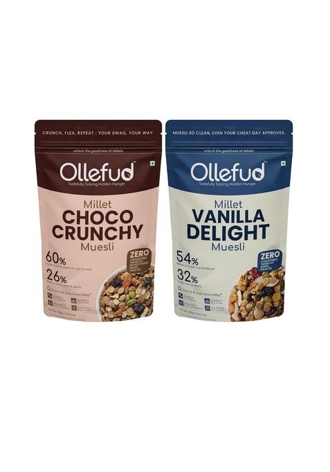 Ollefud Millet Muesli Combo | Vanilla Delight 400G + Choco Crunchy 350G | With Fruits, Nuts & Seeds | Healthy Breakfast Cereal | Pack Of 2 | 750G