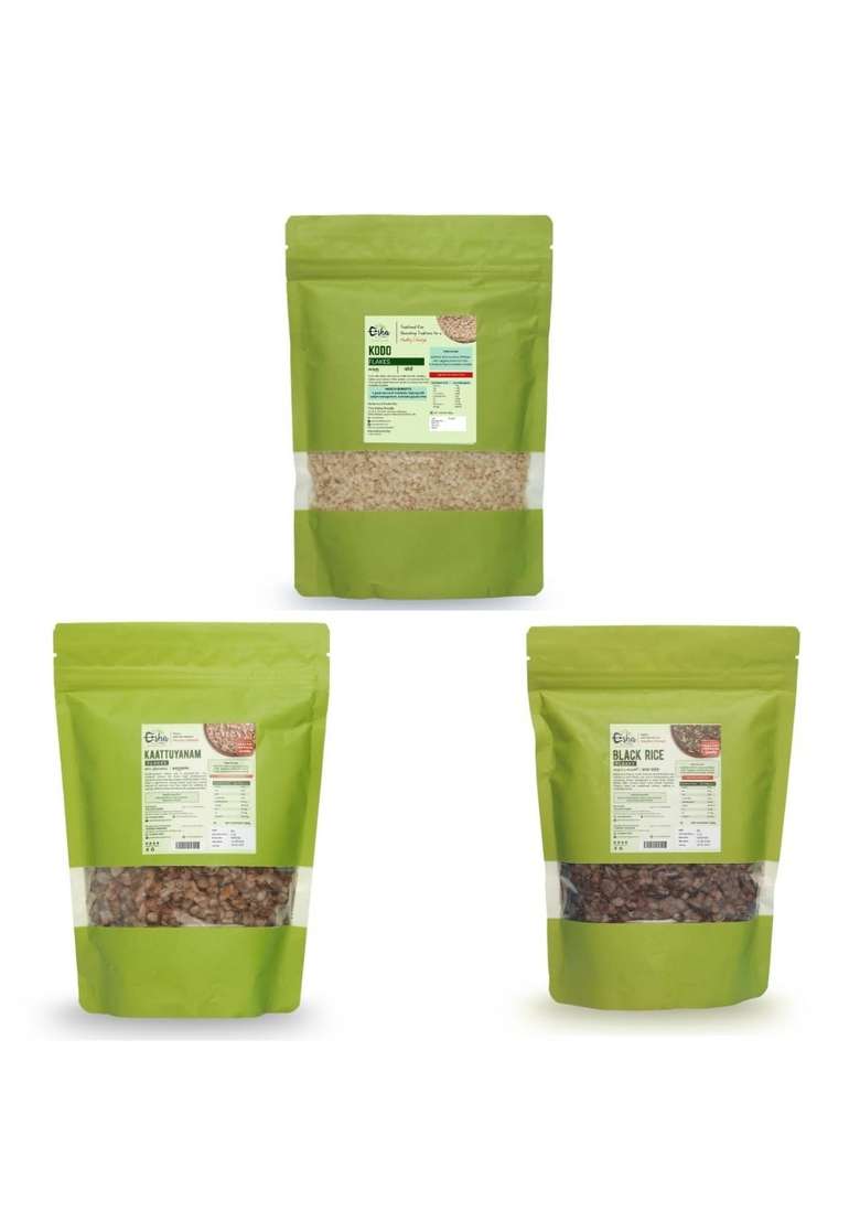 The Esha Foods Millet Flakes Combo Pack Of 3 (250Gm Each) | Black Kavuni Rice, Kodo, Kattuyanam | Organic, Unpolished, Gluten-Free Superfood - Nutritious And Gluten-Free Millet Cereal Breakfast Cold Cereal Poha - Indya