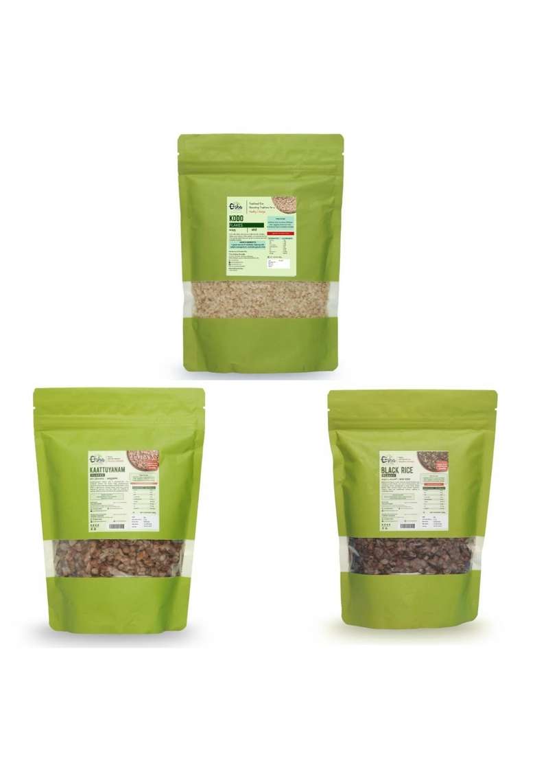 The Esha Foods Millet Flakes Combo Pack Of 3 (250Gm Each) | Black Kavuni Rice, Kodo, Kattuyanam | Organic, Unpolished, Gluten-Free Superfood - Nutritious And Gluten-Free Millet Cereal Breakfast Cold Cereal Poha - Indya