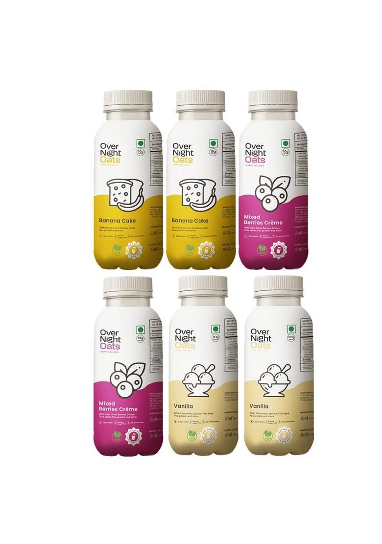 Overnight Oats With Vegan Protein | High Protein Oats Breakfast With Dietary Fibre | Just Add Milk | Ready In Minutes | 2 Banana Cake + 2 Mixed Berries + 2 Vanilla (Pack Of 6, 50G Each)