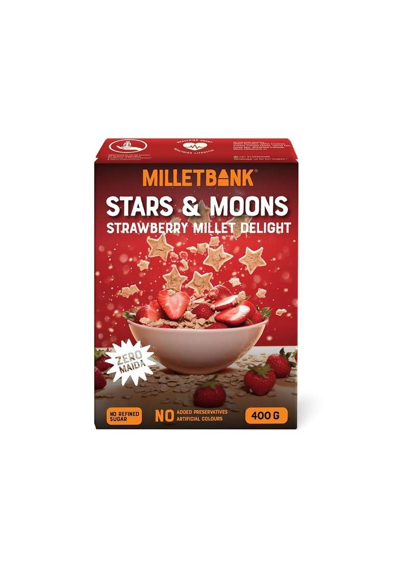 Millet Bank Stars And Moons Strawberry Delight | No Maida Refined Sugar Added Colours Preservatives Wholesome Breakfast 1 X 400G - Indya