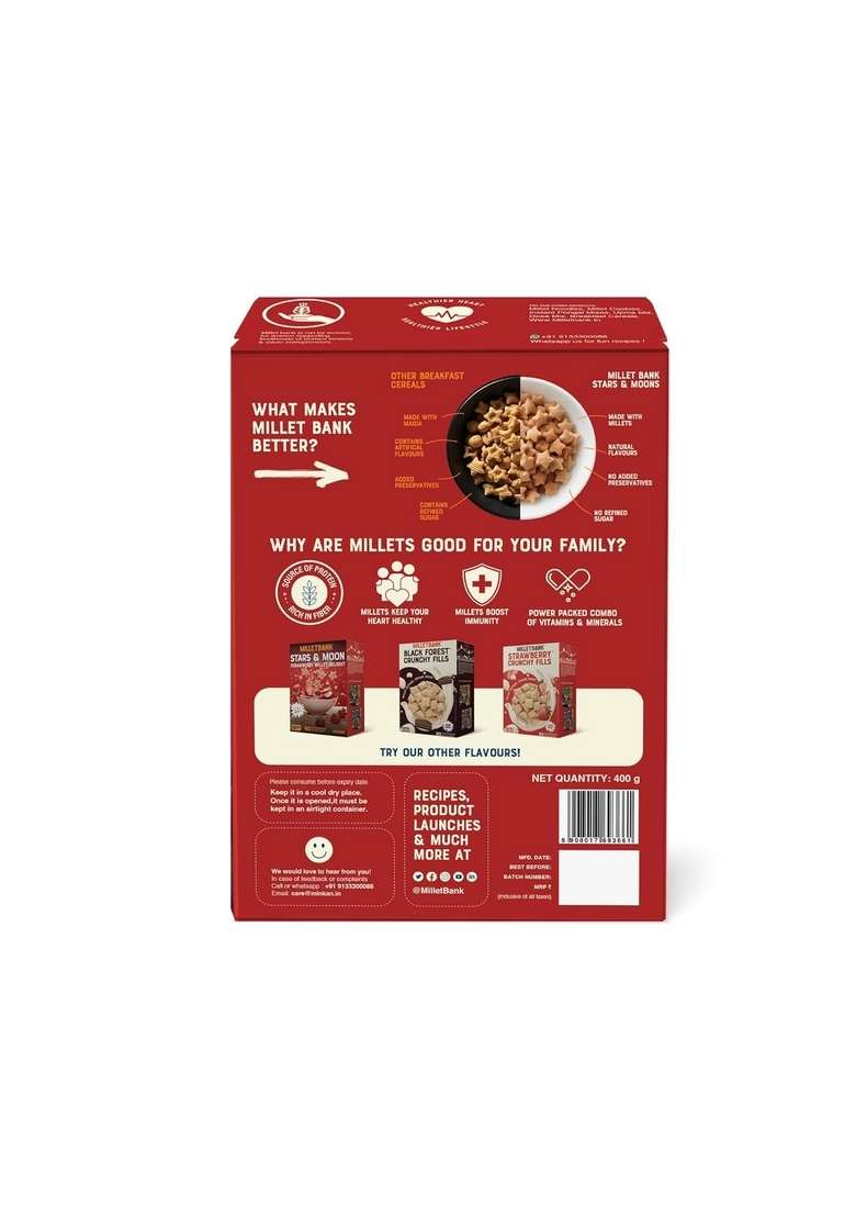 Millet Bank Stars And Moons Strawberry Delight | No Maida Refined Sugar Added Colours Preservatives Wholesome Breakfast 1 X 400G - Indya