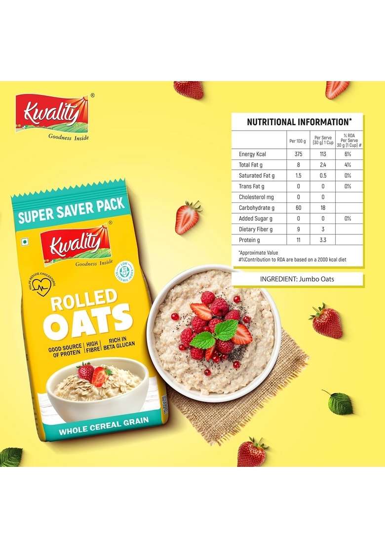 Kwality Rolled Oats 1Kg Pouch | Wholegrain Oatmeal For Healthy Breakfast | High Fiber & Protein | Gluten-Free | No Added Sugar | Weight Management Friendly | Quick Cooking - Indya