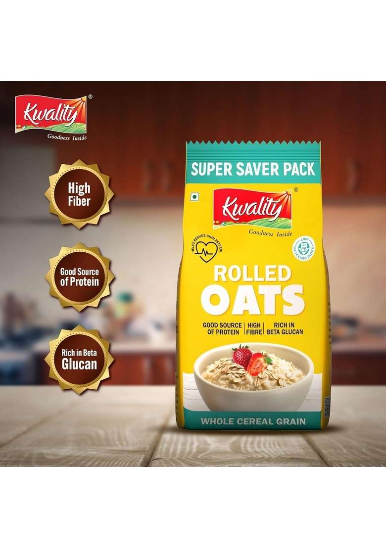Kwality Rolled Oats 1Kg Pouch | Wholegrain Oatmeal For Healthy Breakfast | High Fiber & Protein | Gluten-Free | No Added Sugar | Weight Management Friendly | Quick Cooking - Indya