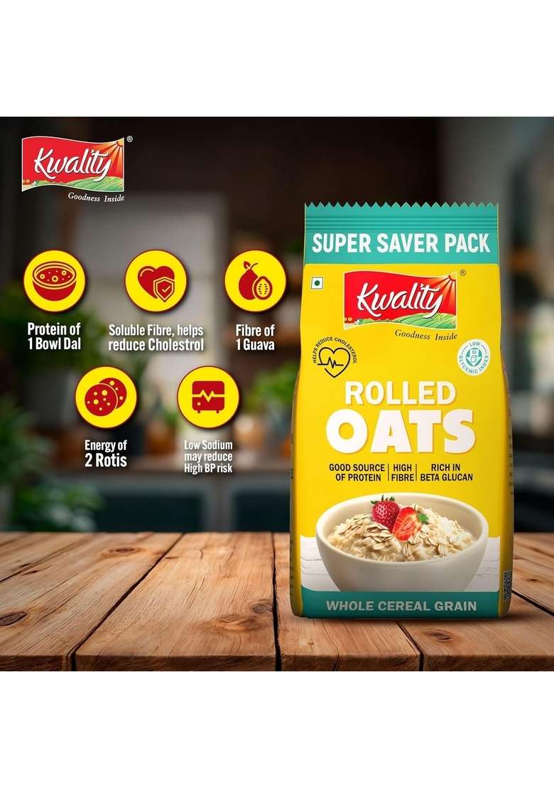 Kwality Rolled Oats 1Kg Pouch | Wholegrain Oatmeal For Healthy Breakfast | High Fiber & Protein | Gluten-Free | No Added Sugar | Weight Management Friendly | Quick Cooking - Indya