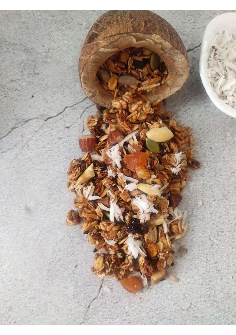 A Dough Story Coconut Granola With Dried Coconut, Mixed Fruits & Seeds | Healthy Granola Snack With Jaggery, Almonds & Apricots | 100G Pack | No Added Sugar, Gluten-Free - 250G - Indya