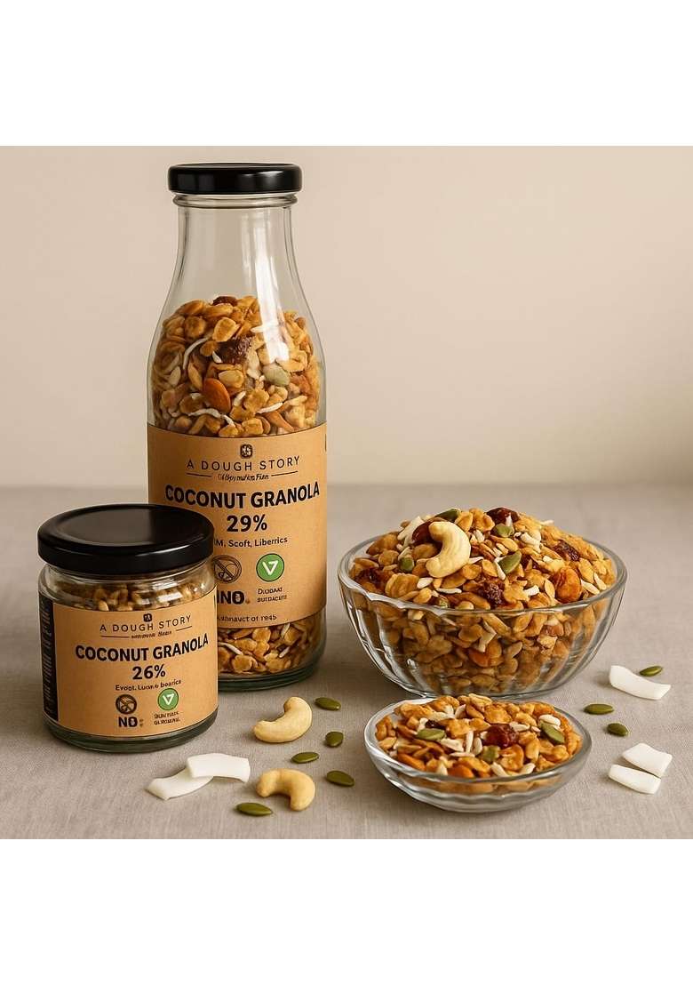 A Dough Story Coconut Granola With Dried Coconut, Mixed Fruits & Seeds | Healthy Granola Snack With Jaggery, Almonds & Apricots | 100G Pack | No Added Sugar, Gluten-Free - 250G - Indya