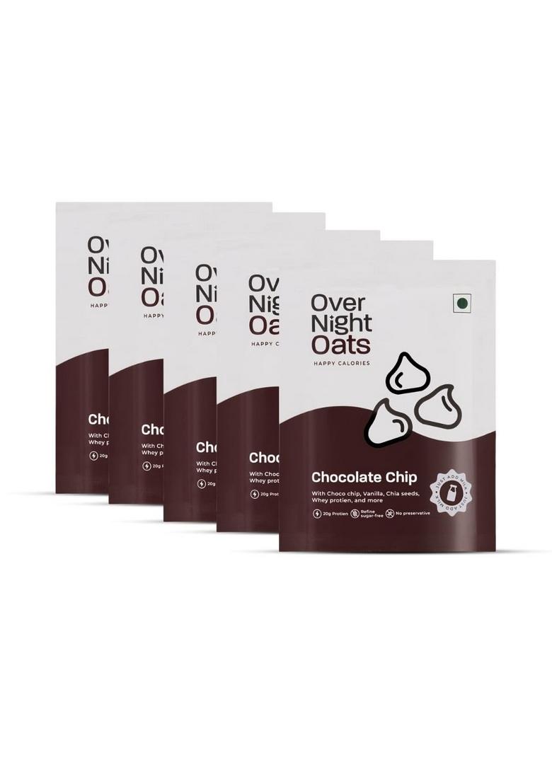 Overnight Oats 20Gm High Protein, Refined Sugar Free, With Choco Chip, Chia Seeds, Whey Protein & More (Chocolate Chip, 85Gm Each)| Breakfast Cereals For Weight Management| Pack Of 5