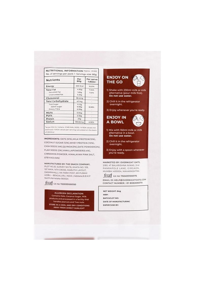 Overnight Oats 20Gm High Protein, Refined Sugar Free, With Choco Chip, Chia Seeds, Whey Protein & More (Chocolate Chip, 85Gm Each)| Breakfast Cereals For Weight Management| Pack Of 5