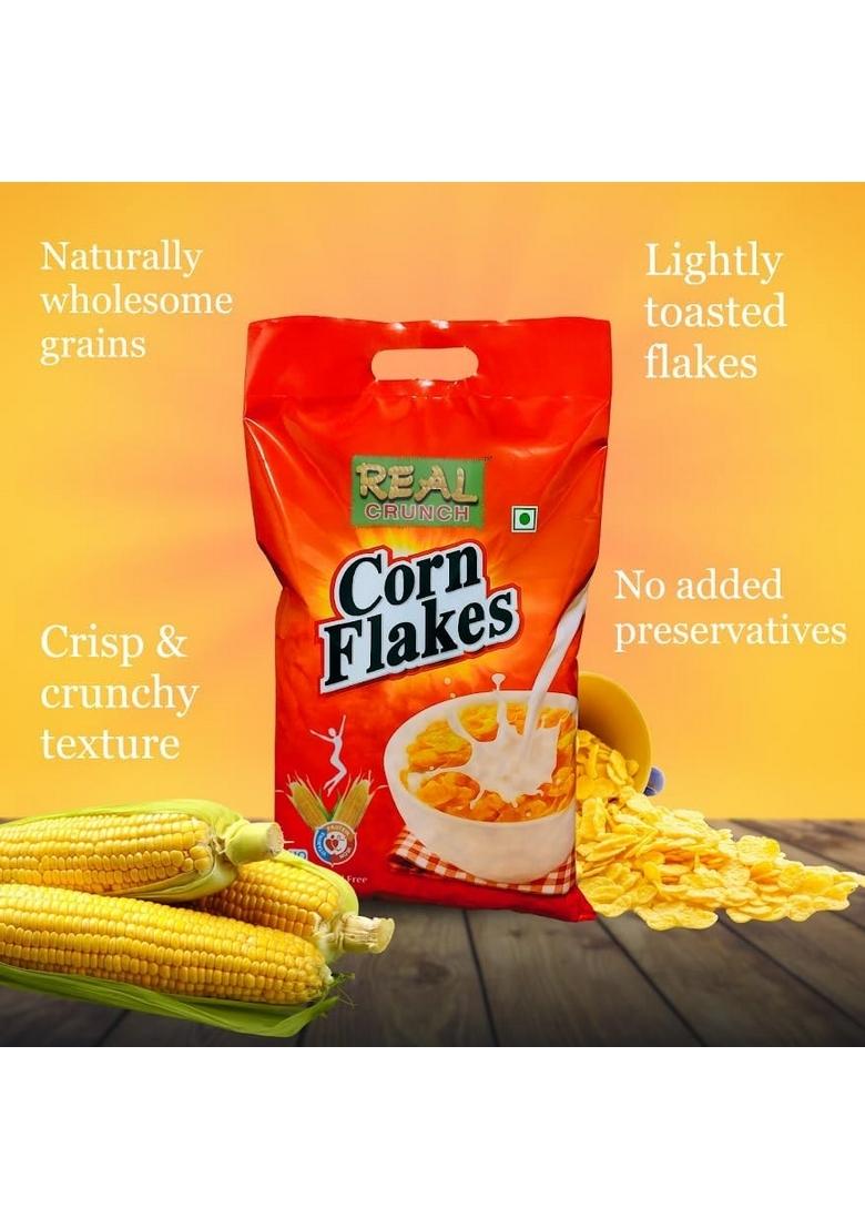 Real Crunch Corn Flakes Healthy & Crunchy Breakfast Cereal With Premium Golden Corn Flavor Rich In Iron, Vitamins & Fiber Nutritious Morning Meal For Kids And Adults (500G)
