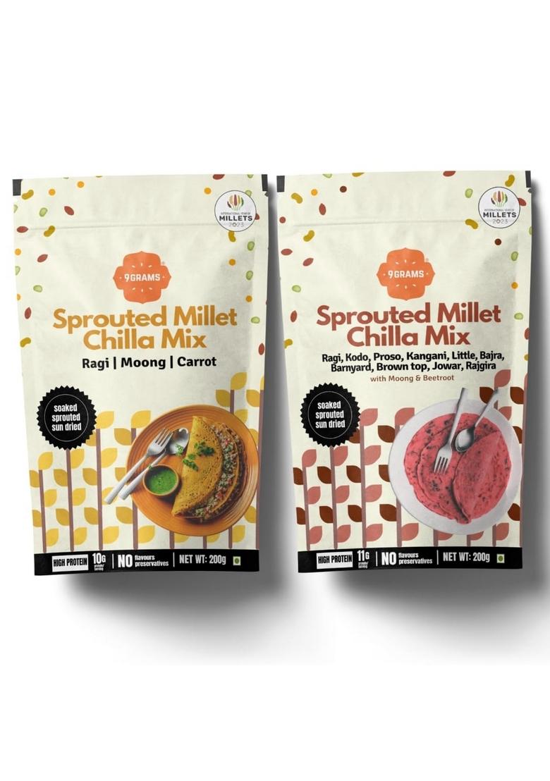 9Grams Sprouted Multi Millet And Moong Instant Chilla Dosa Mix Combo, Protein And Fibre Rich, Healthy Breakfast Or Snack For Kids & Whole Family, With Carrot & Beetroot, 2X200G